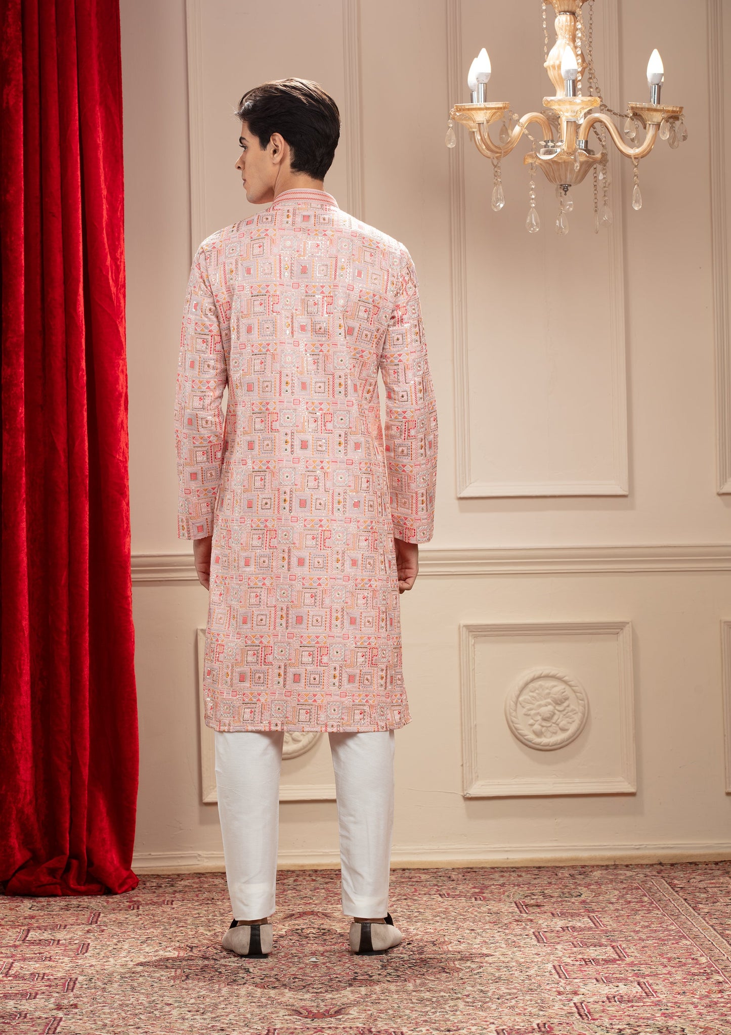 Multicolour kurta with computer embroidery and white pajama
