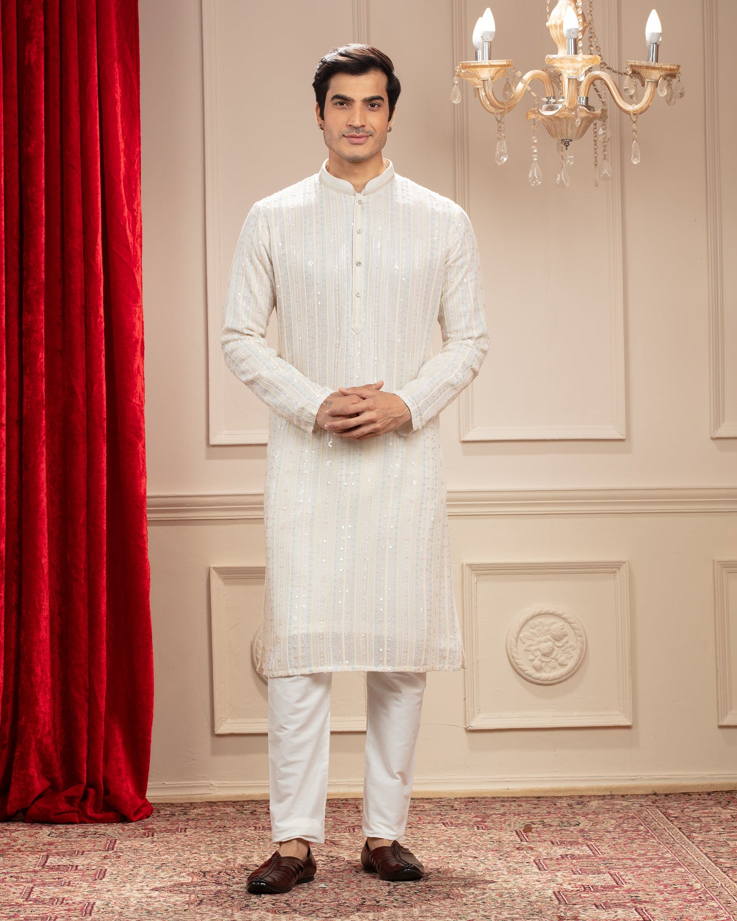 Cream White kurta pajama Set with all over sequin work