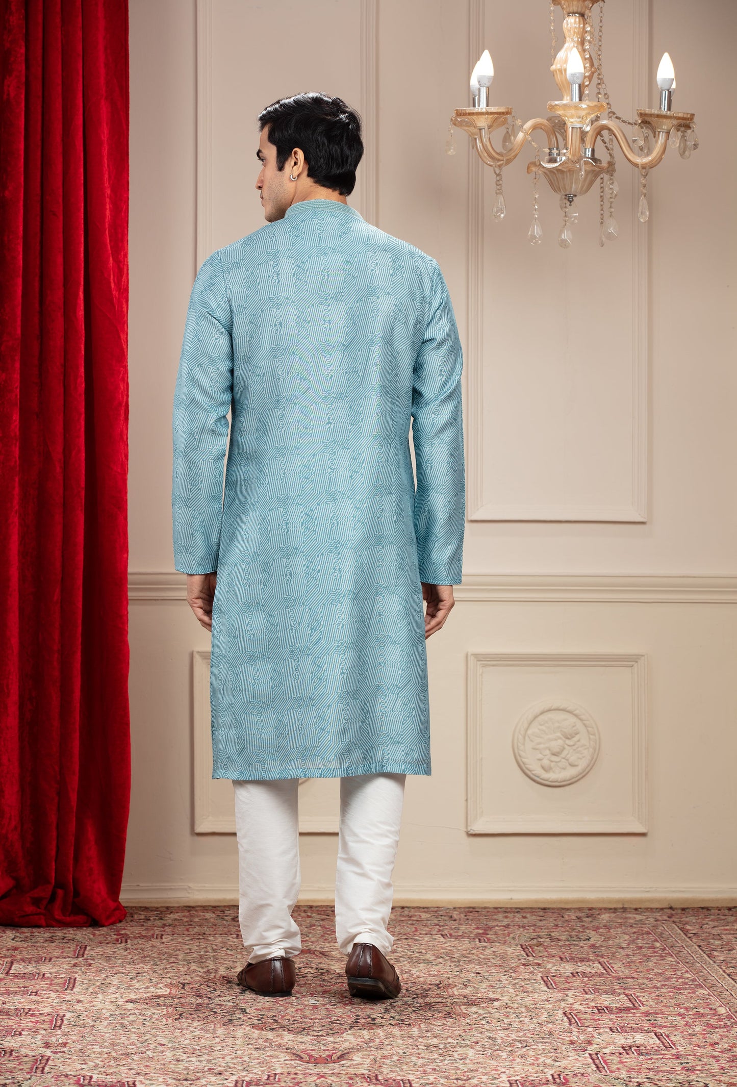 Ice Blue kurta with floral Dupatta and white trousers