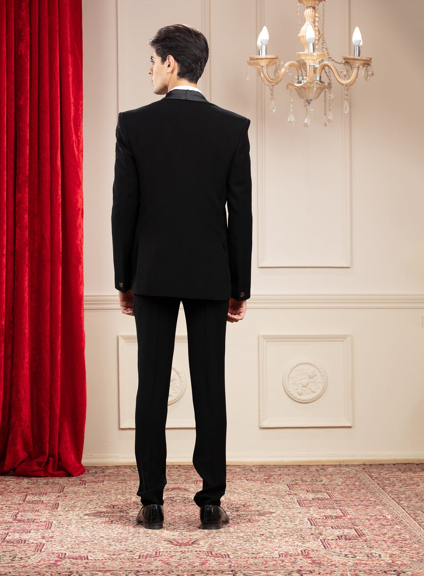 Jet Black Tuxedo with hand embroidery and bow tie