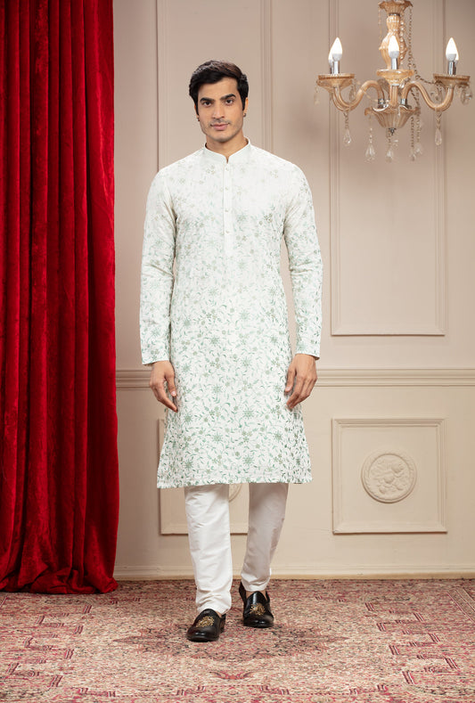 Alabaster white kurta pajama set with all over resham work