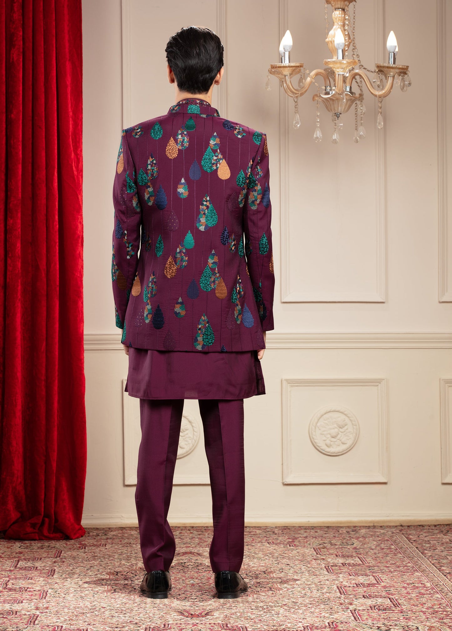 Maroon Open Jodhpuri Set with Resham and Computer Embroidery