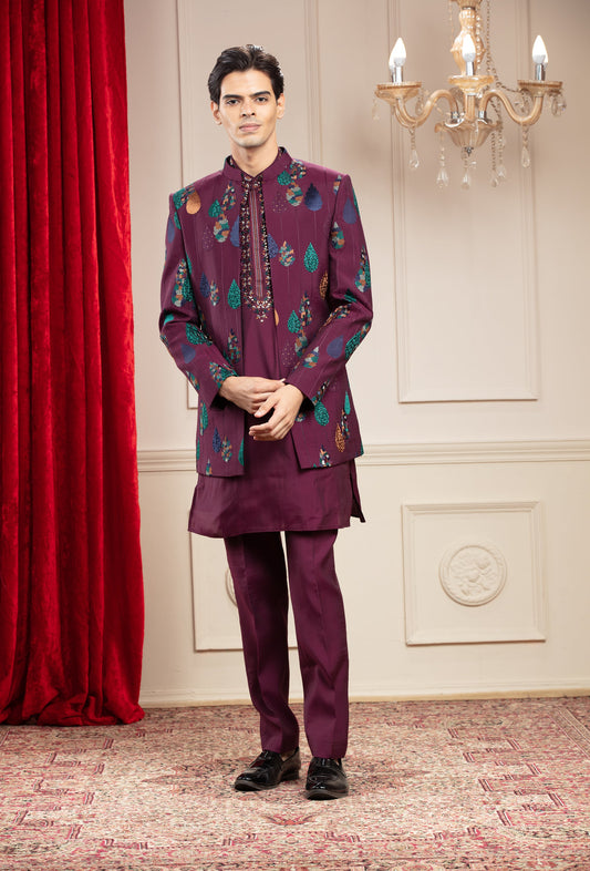 Maroon Open Jodhpuri Set with Resham and Computer Embroidery