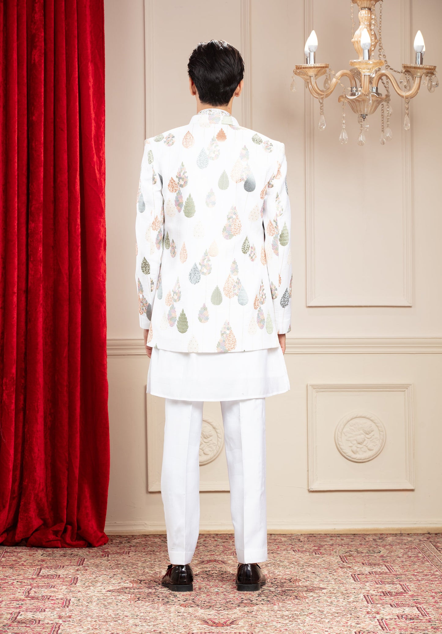 Milky White Open Jodhpuri Set with Resham and Computer Embroidery