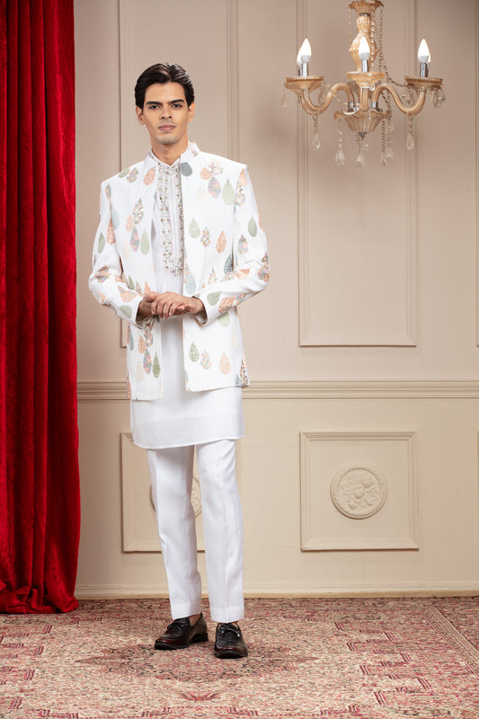 Milky White Open Jodhpuri Set with Resham and Computer Embroidery