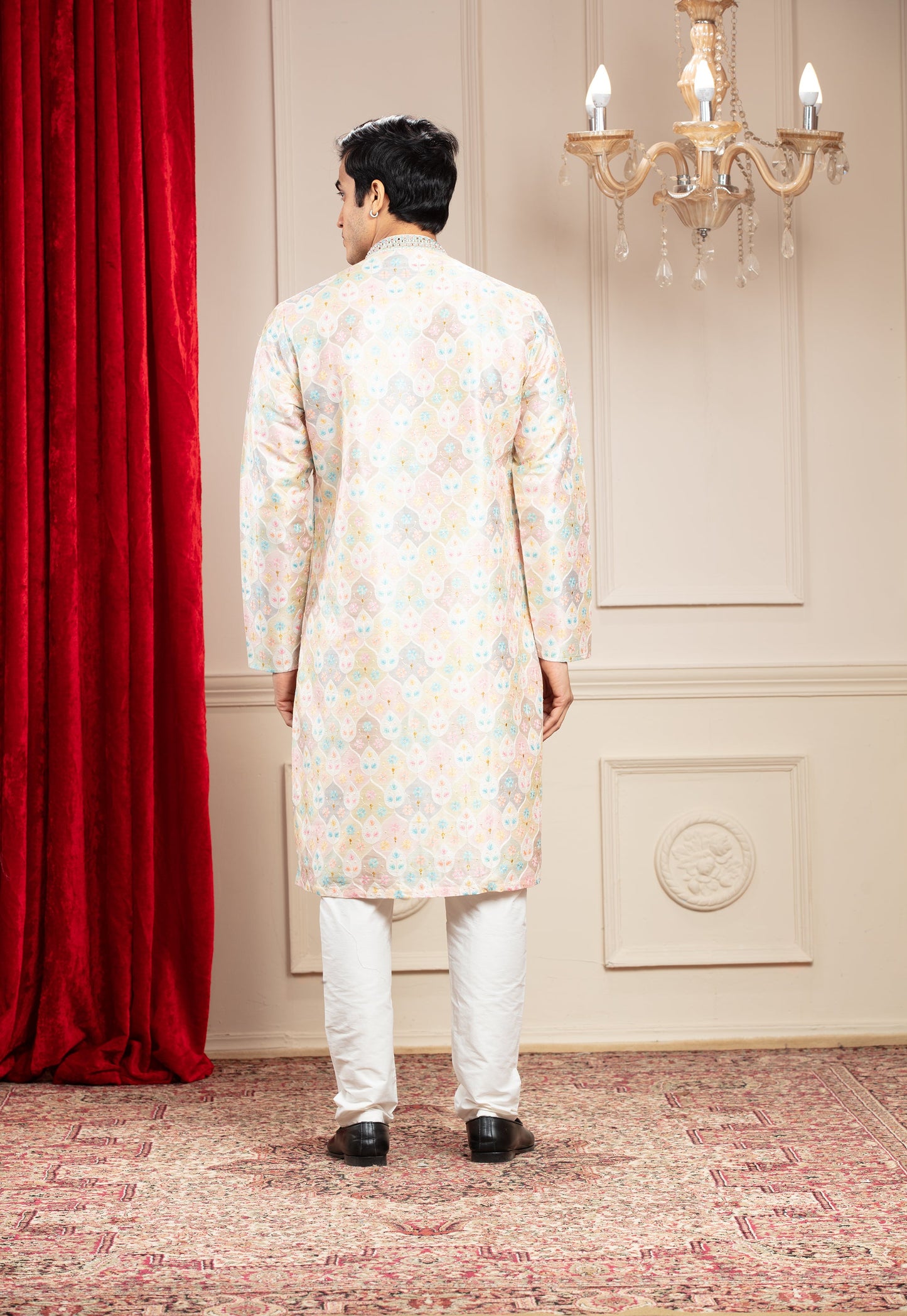 Multicoloured Banarasi kurta pajama with position print and mirror work