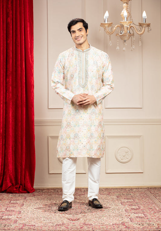Multicoloured Banarasi kurta pajama with position print and mirror work