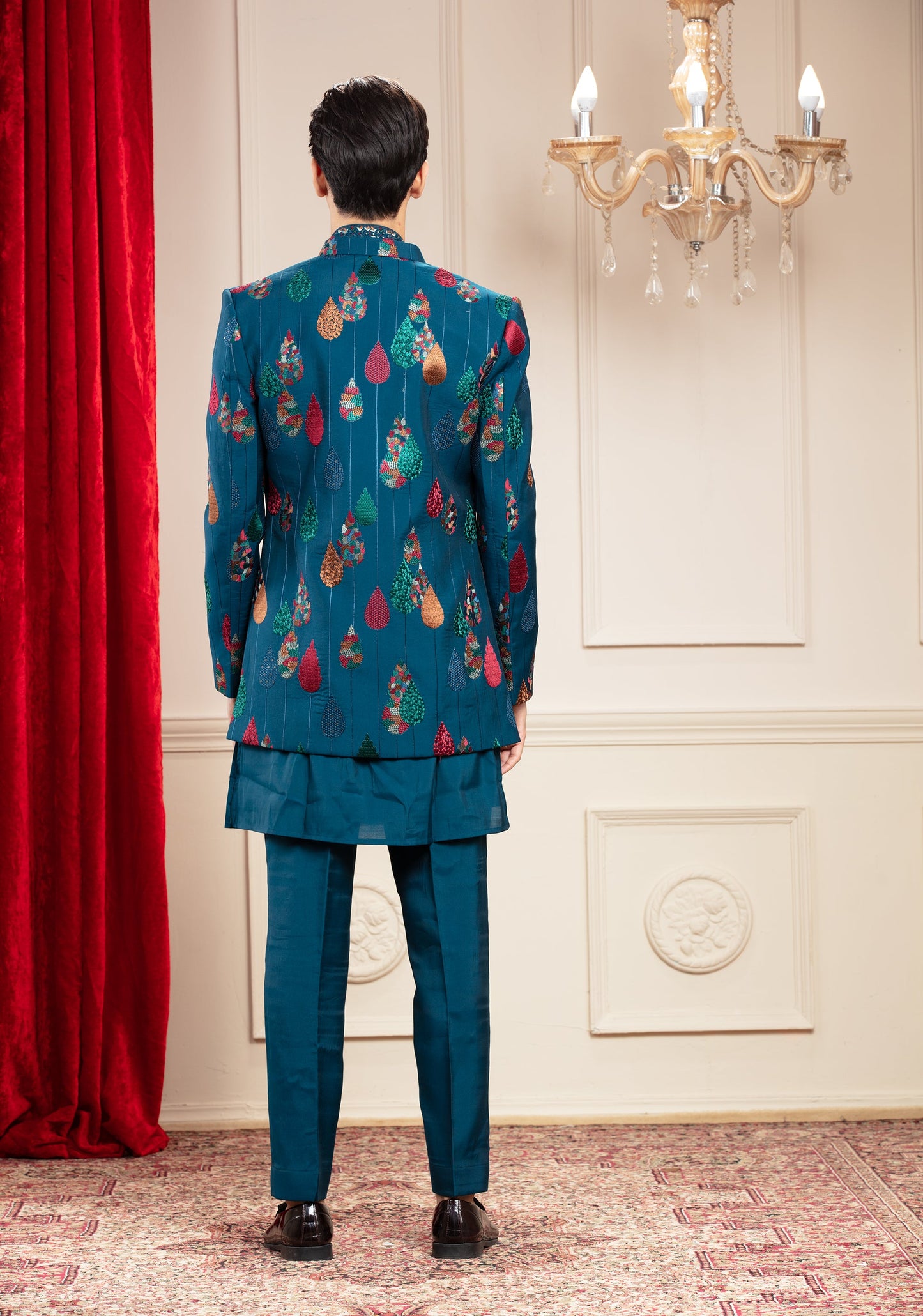 Prussian Blue Open Jodhpuri Set with Resham and Computer Embroidery