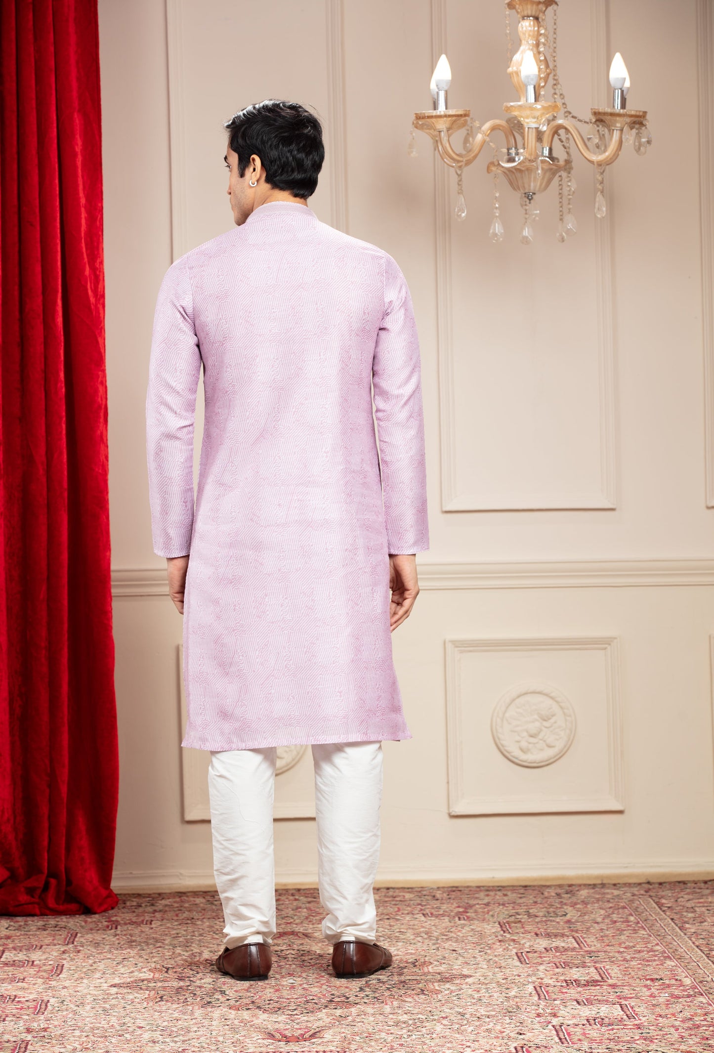Lilac kurta with floral Dupatta and white trousers