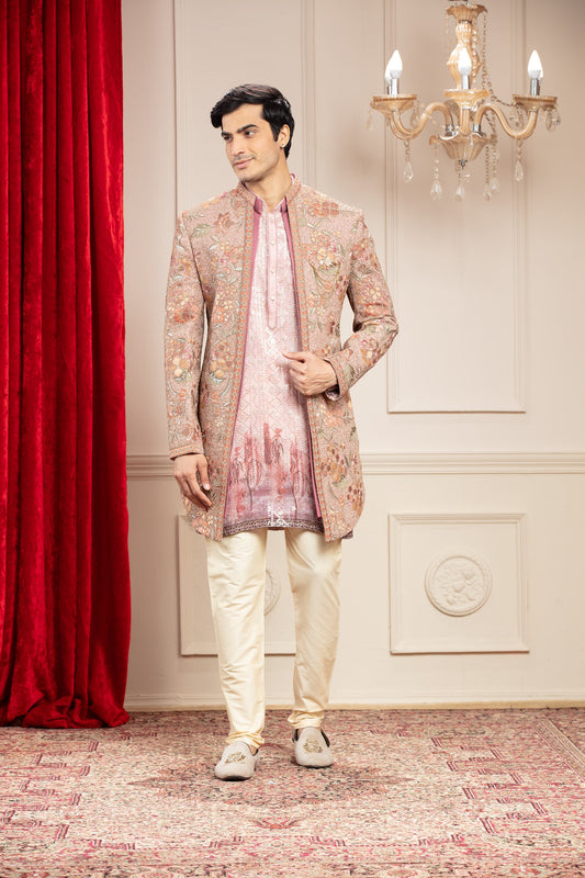 Multicoloured tie die printed lucknowi open Kurta Jacket Set