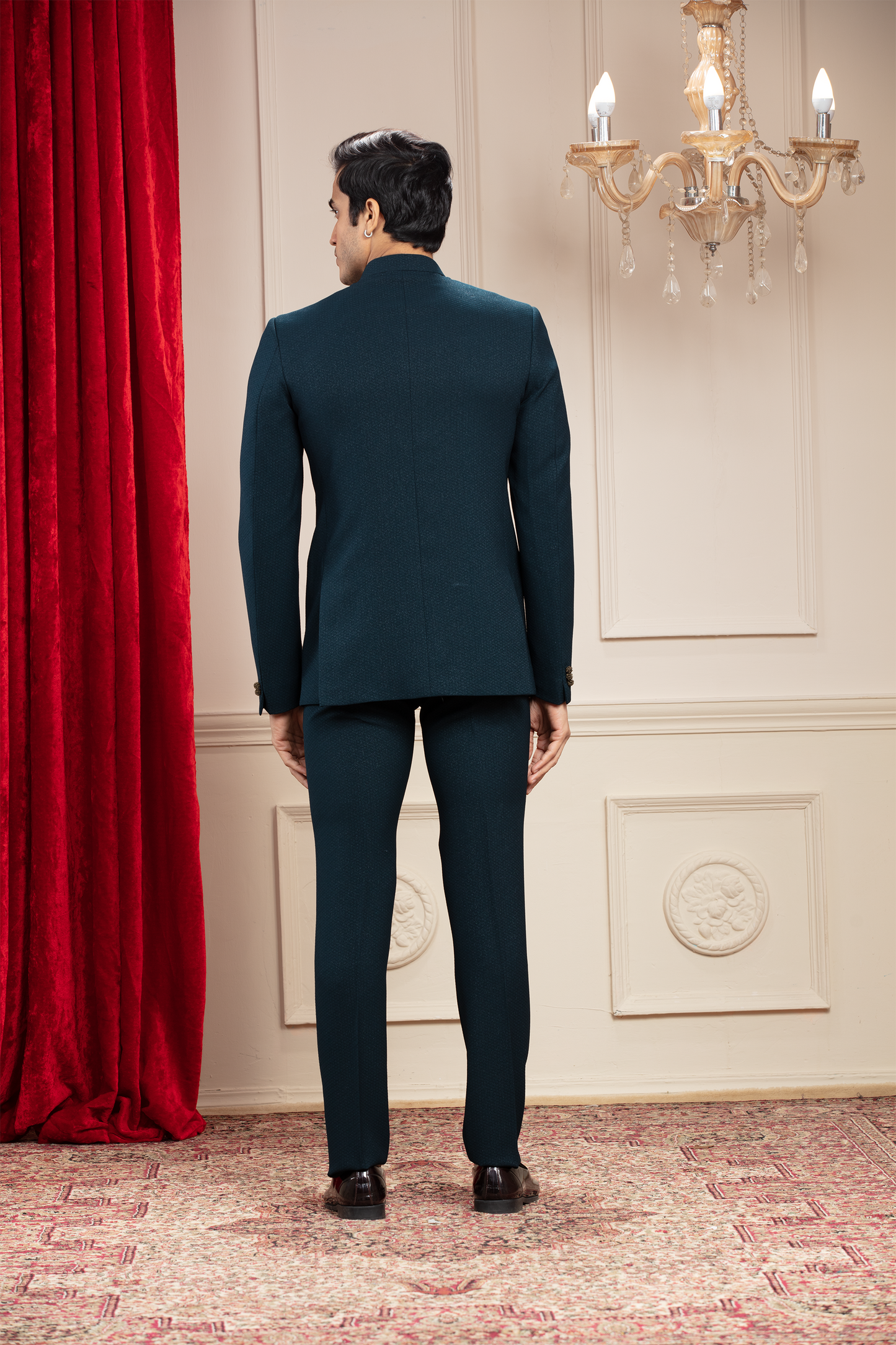 Deep Green Jodhpuri Set with metal buttons and embellishments