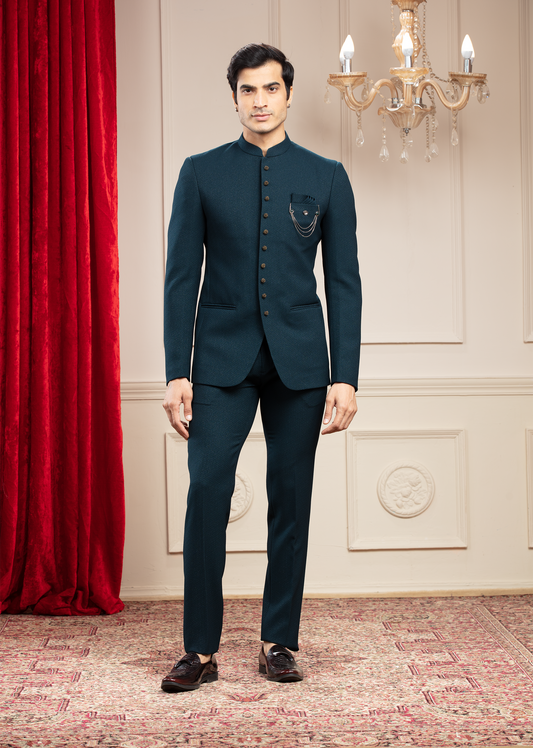 Deep Green Jodhpuri Set with metal buttons and embellishments