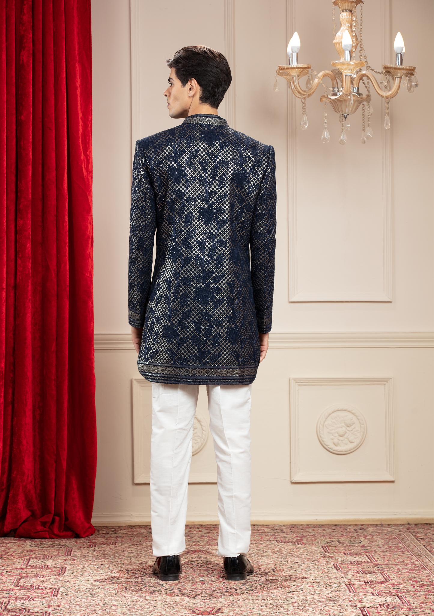 Midnight Blue Open Indo Western set with Jacquart fabric