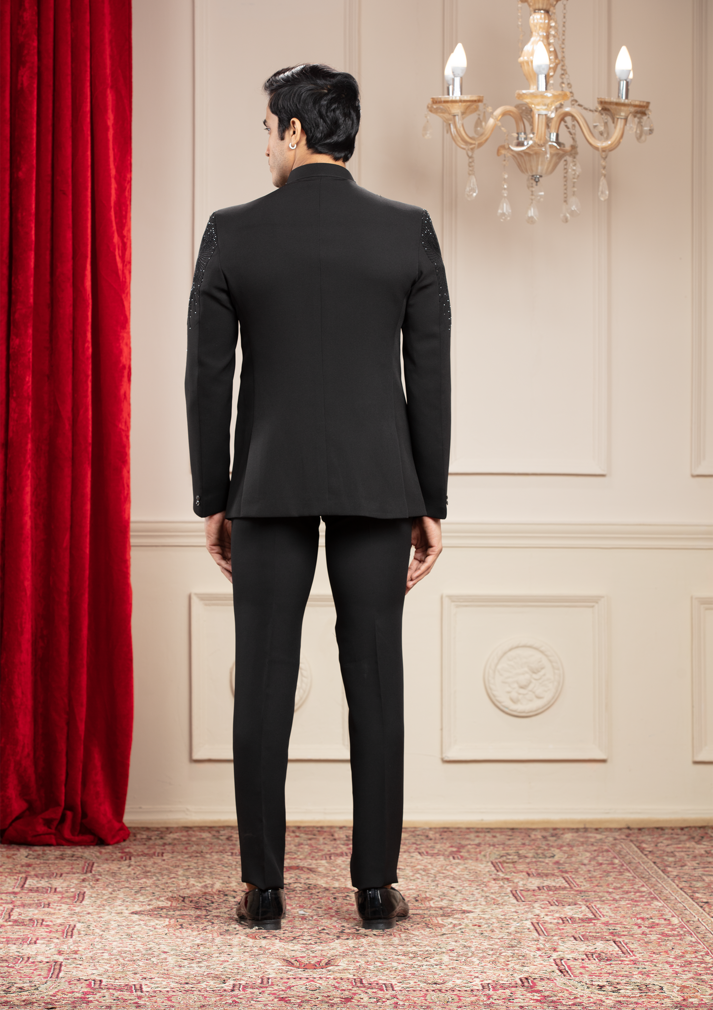 Coal Black Jodhpuri with Imported Japanese Fabric and cutdana work