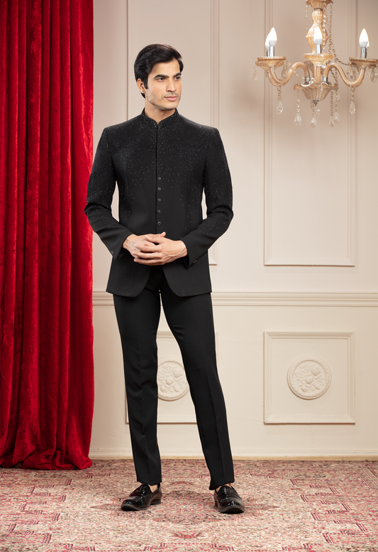 Coal Black Jodhpuri with Imported Japanese Fabric and cutdana work