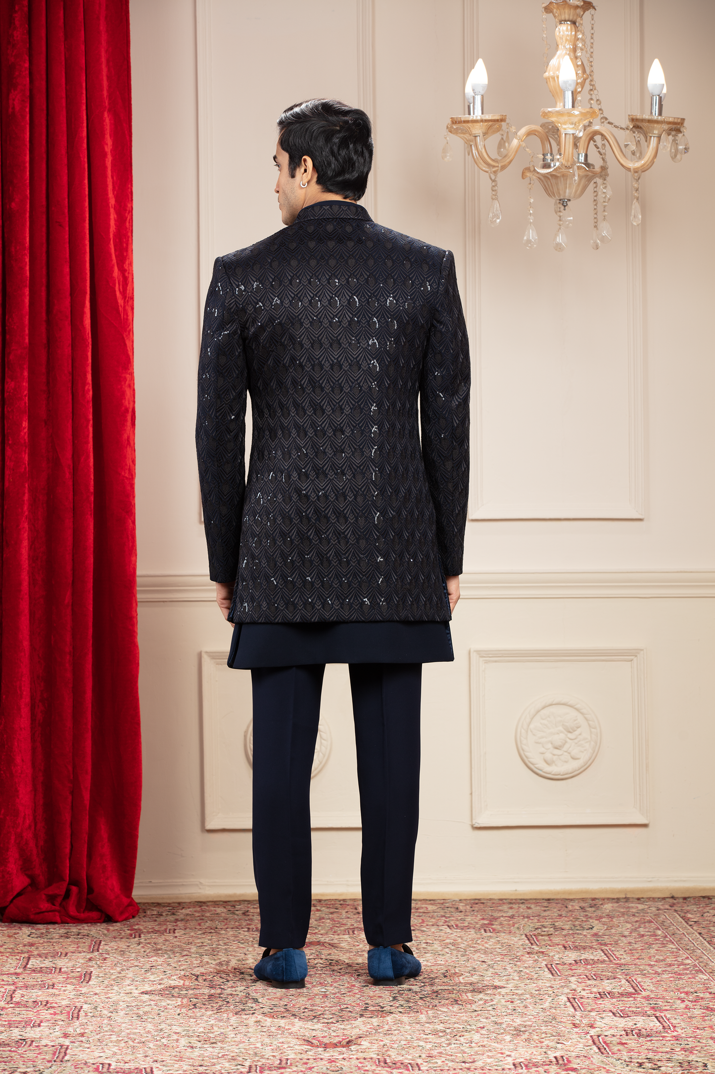 Jet Black Short Open Indo western with sequins cutdana work