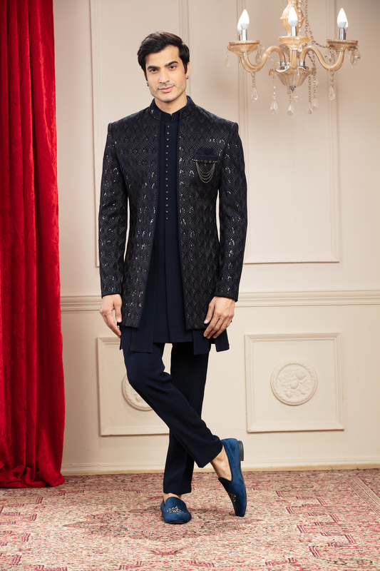 Charcoal Black Short Indo western set with sequins work