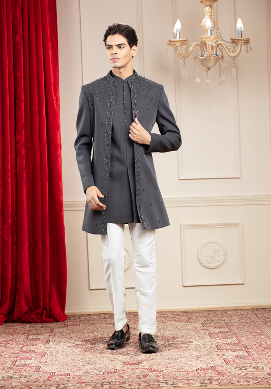 Slate Grey open Indo western kurta set with cutdana work borders
