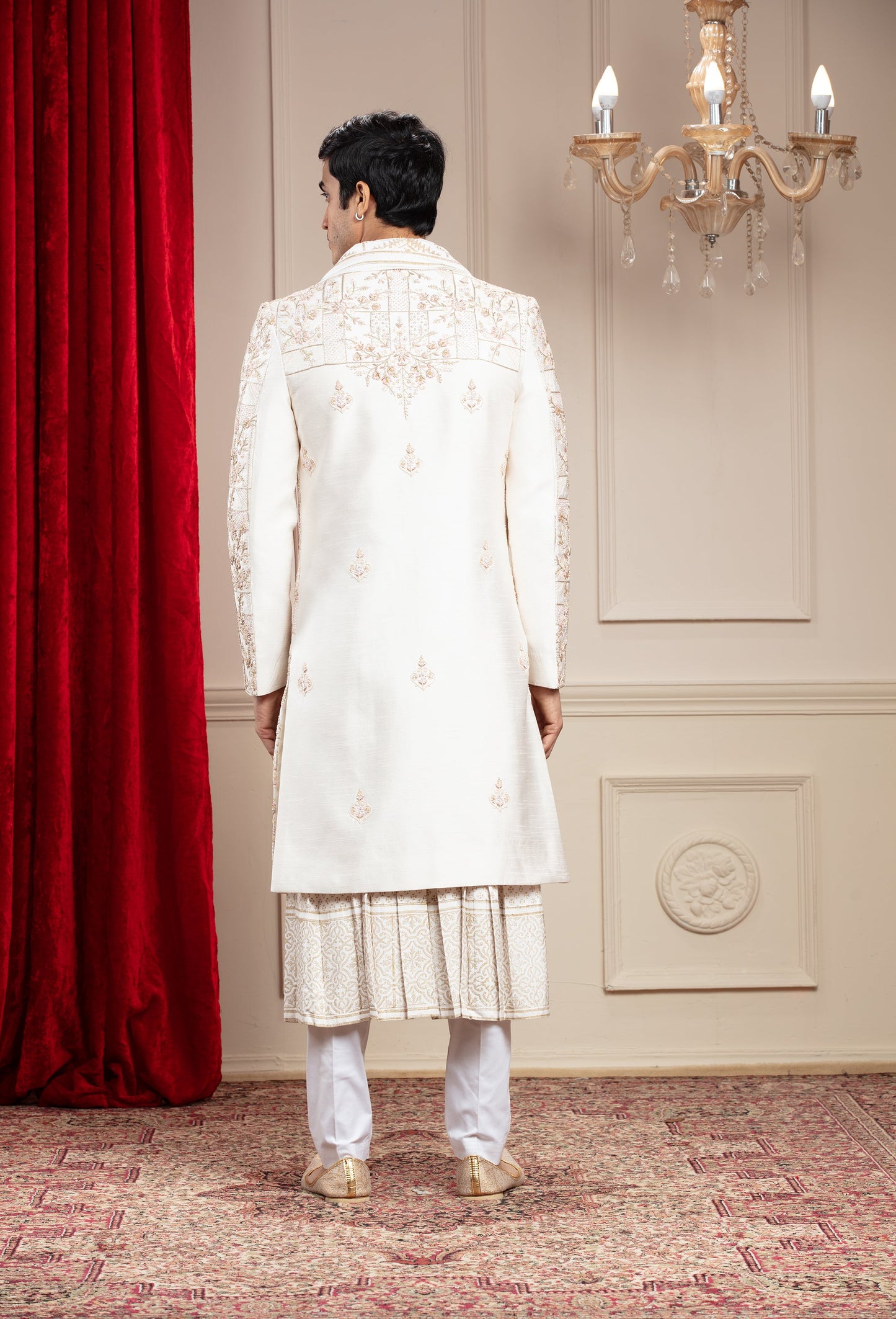 Cream White Anarkali Sherwani with mtaching Dupatta and embellishments