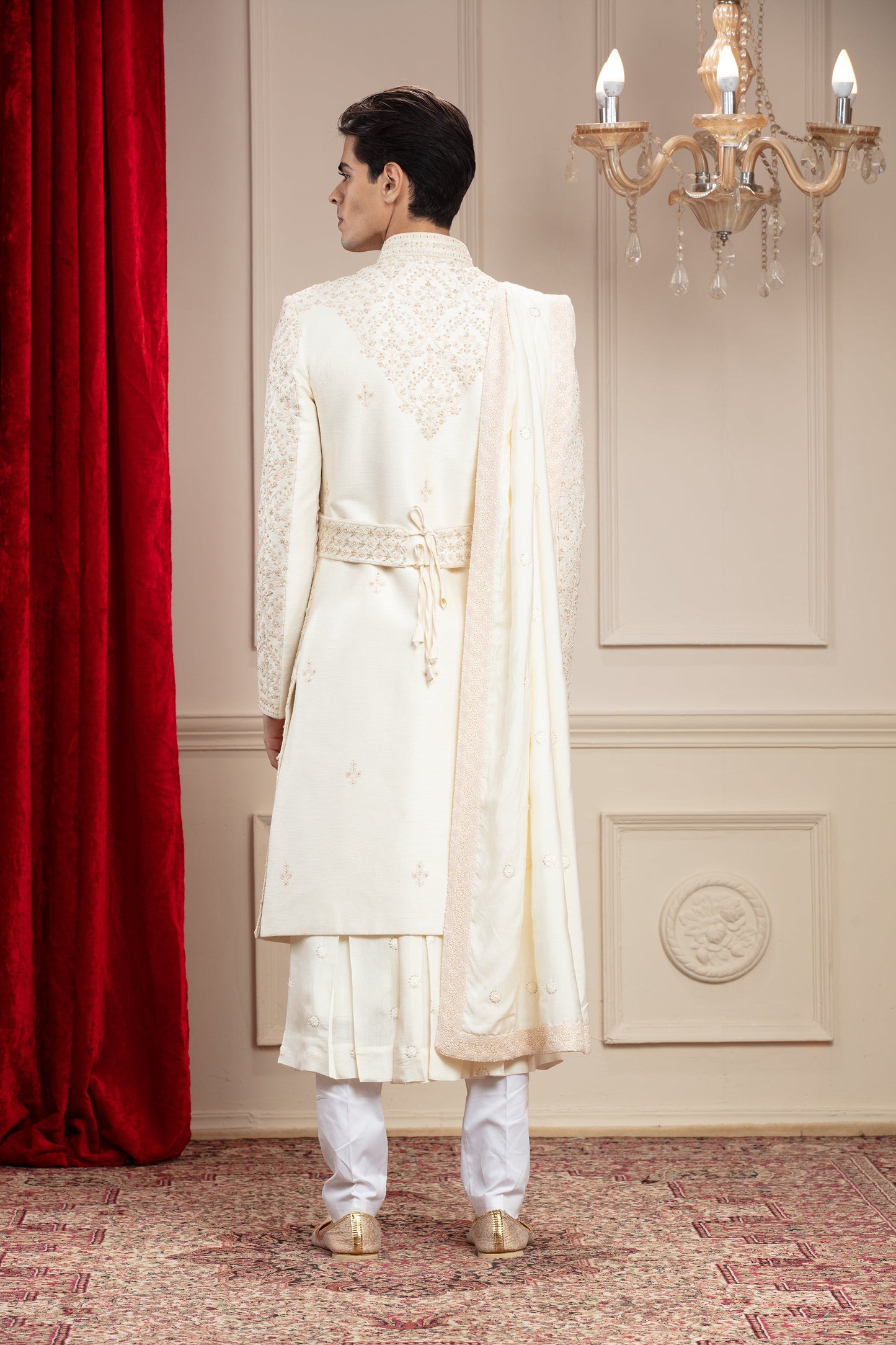 Cream White Lucknowi Sherwani with matching Dupatta and embellishments