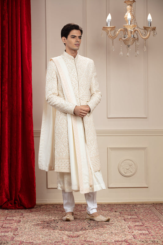 Cream White Lucknowi Sherwani with matching Dupatta and embellishments