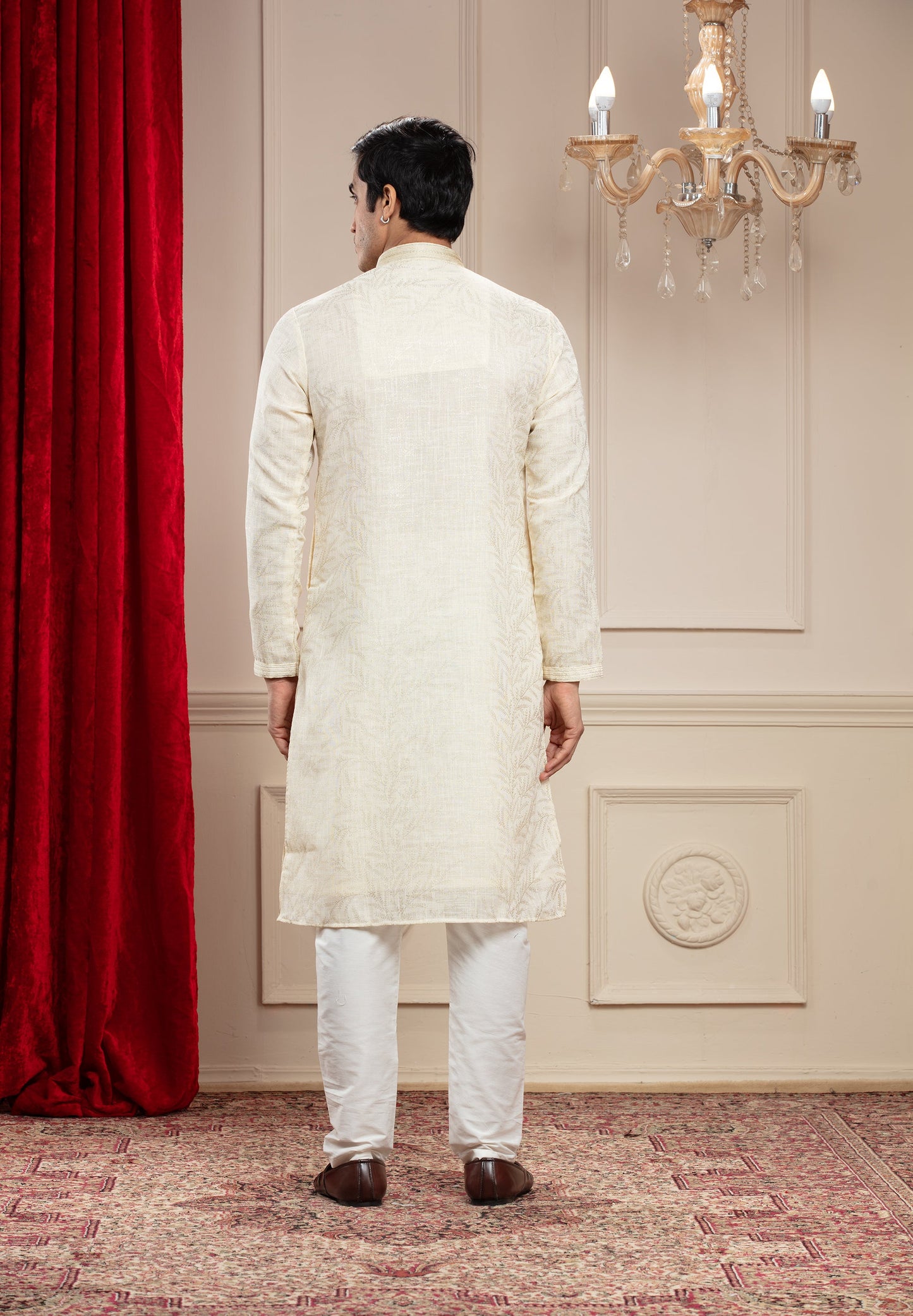 Cream White plain splendid silk kurta pajama set