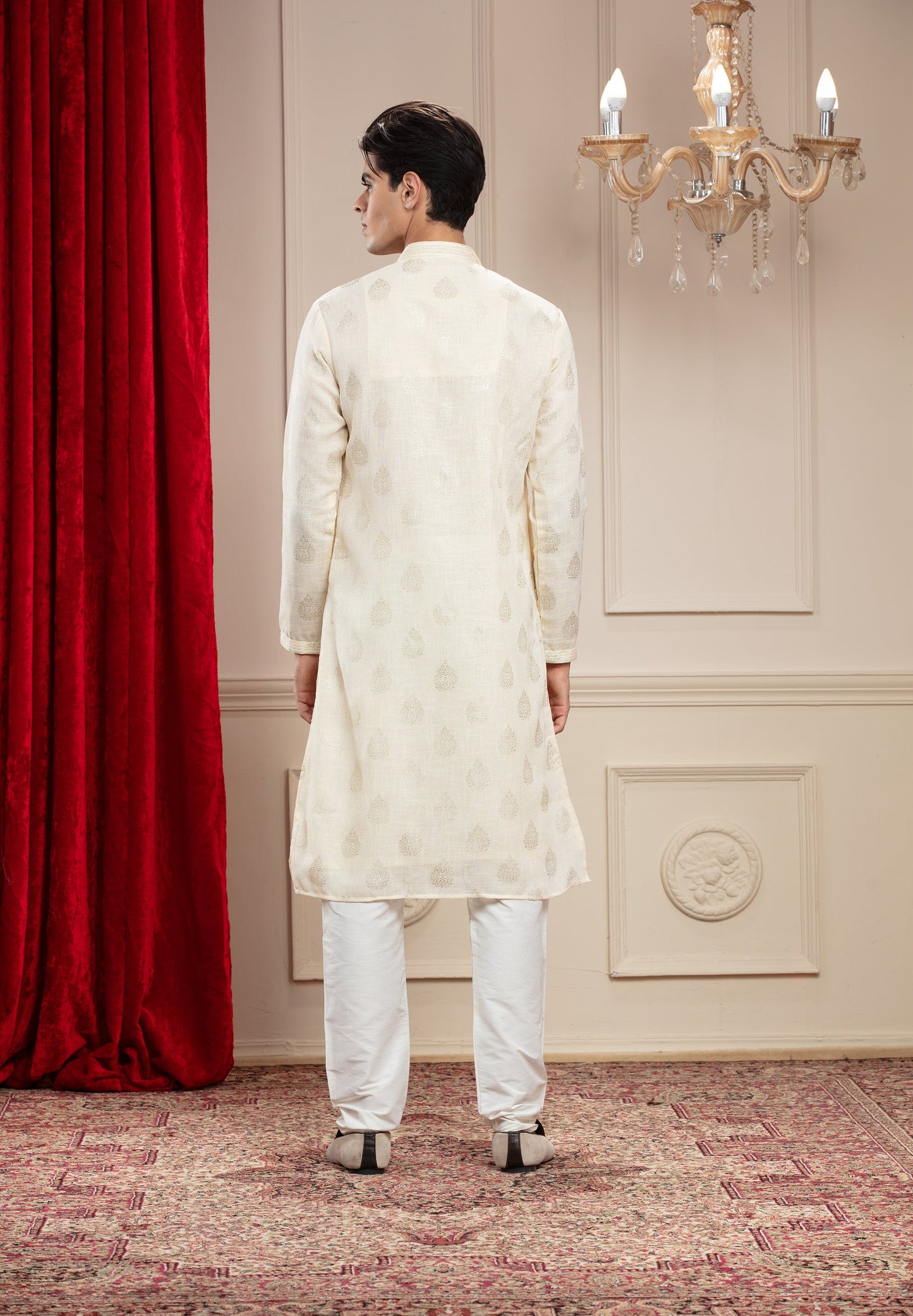 Pearl White Classic Lucknowi kurta pajama set with small metal buttons