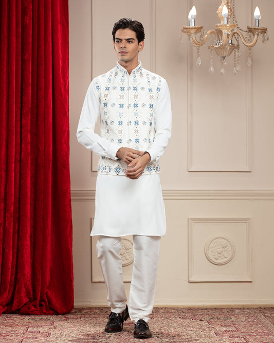 Daisy White Jacket kurta set with mirror and resham thread work