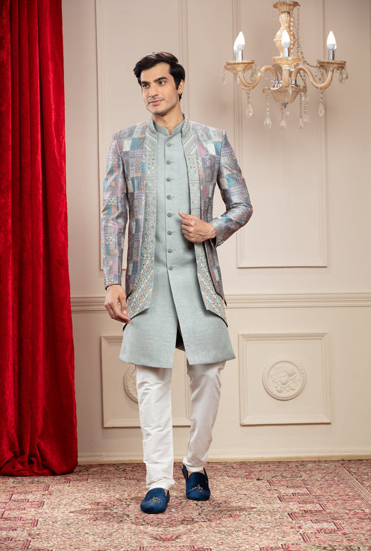 Slate Grey 3 layered open Indo western set with metal buttons