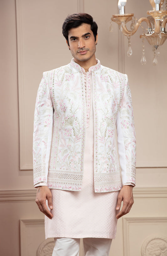 Pastel Pink Open Jodhpuri with mirror and resham embroidery