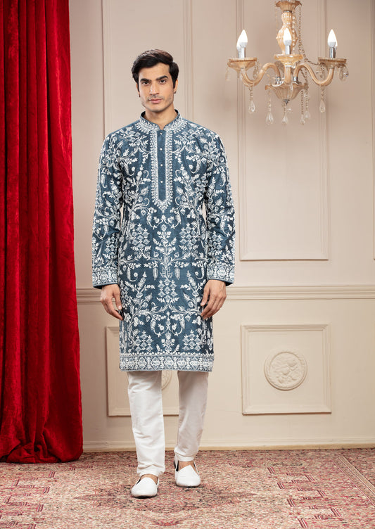 French Blue Banarasi Silk kurta pajama set with all over white thread work