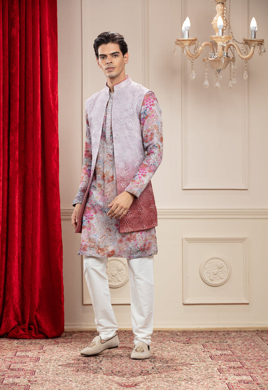 Brick Red and Silverish Grey Tie Die lucknowi printed Open Indo Western set with thread and resham work