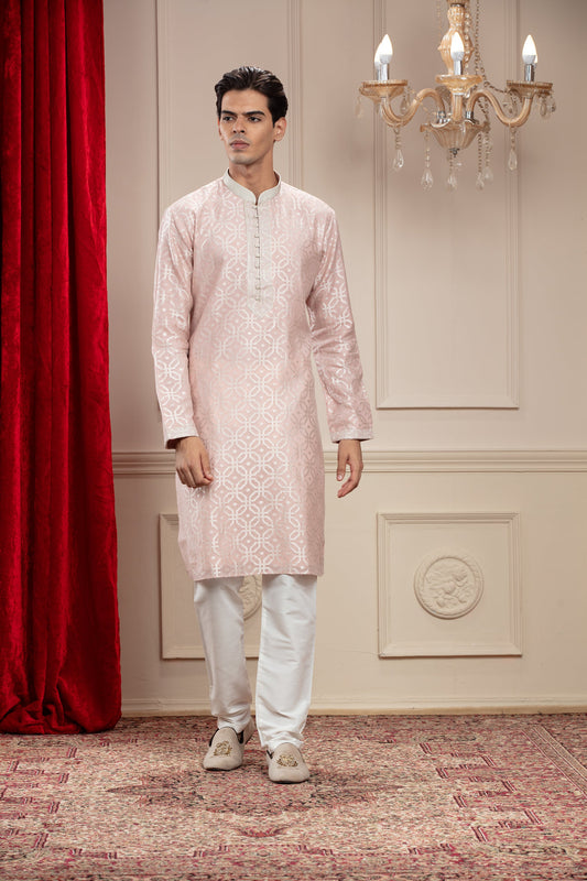 Blush Pink Banarasi Printed Silk kurta pajama set