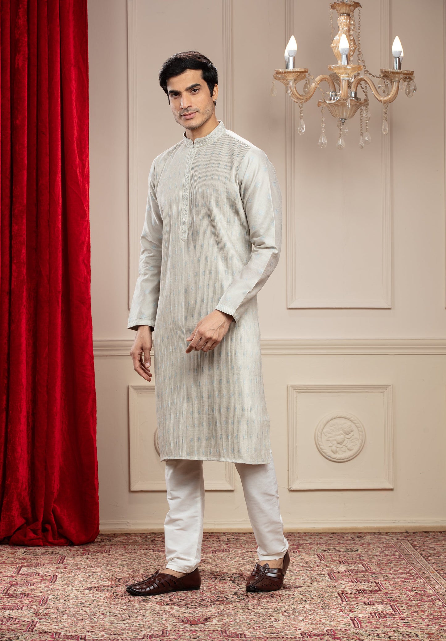 Silverish white Classic pleating patterned kurta pajama set