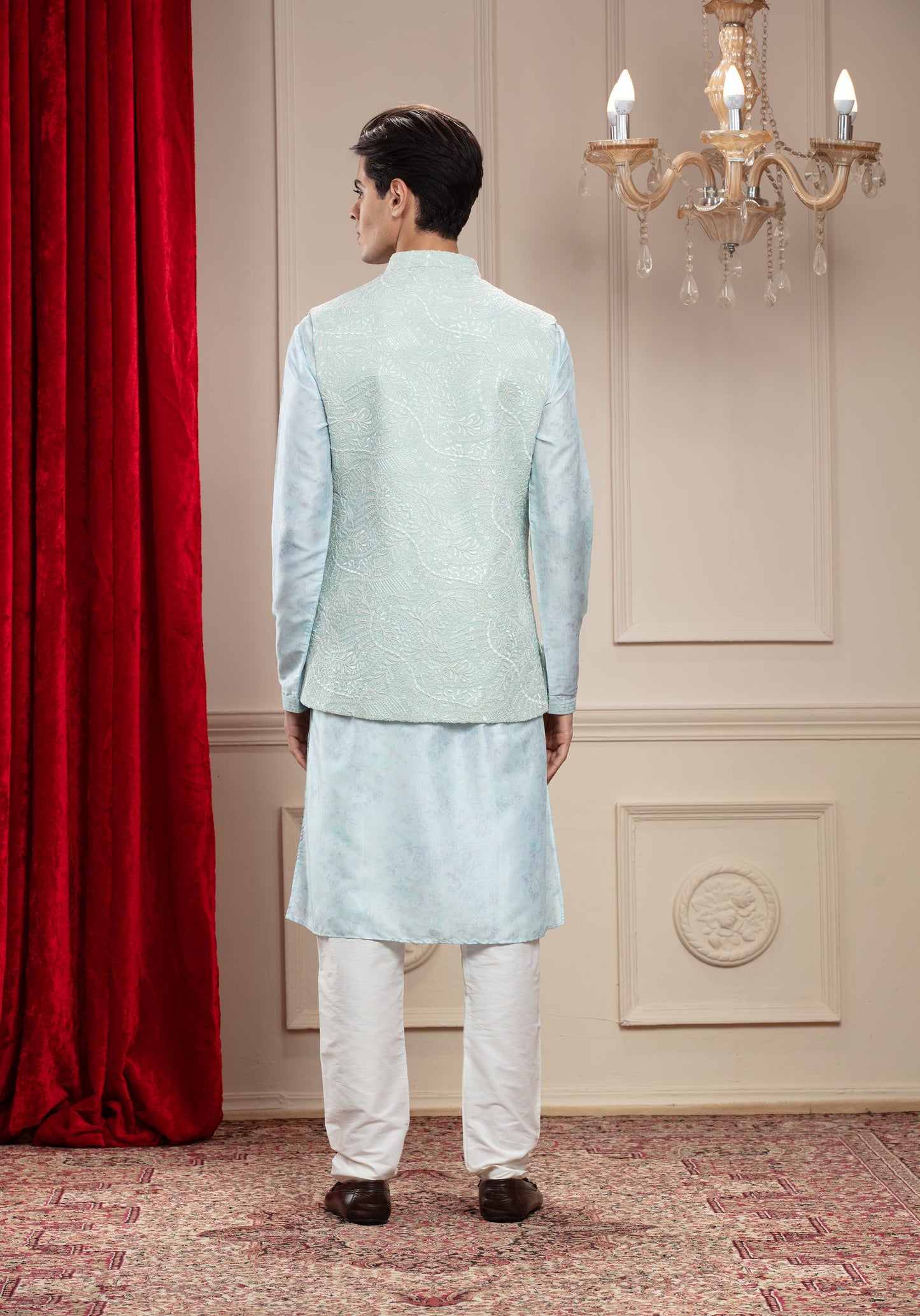 Columbia Blue Lucknowi kurta Jacket Set with cutdana work and brooch