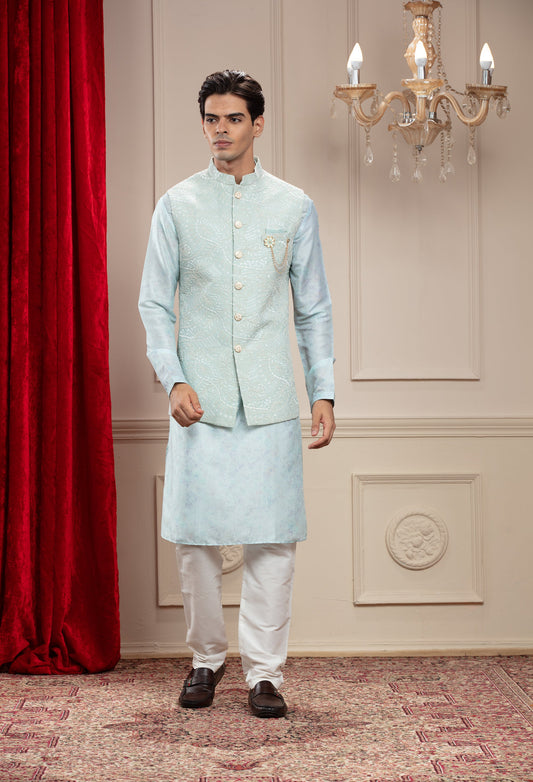 Columbia Blue Lucknowi kurta Jacket Set with cutdana work and brooch