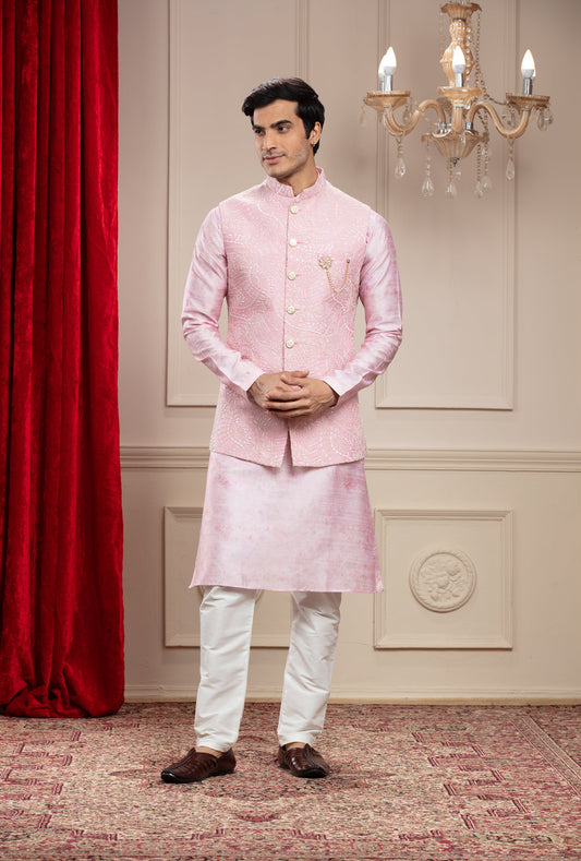 Rosé Quartz Pink Lucknowi kurta Jacket Set with cutdana work and brooch