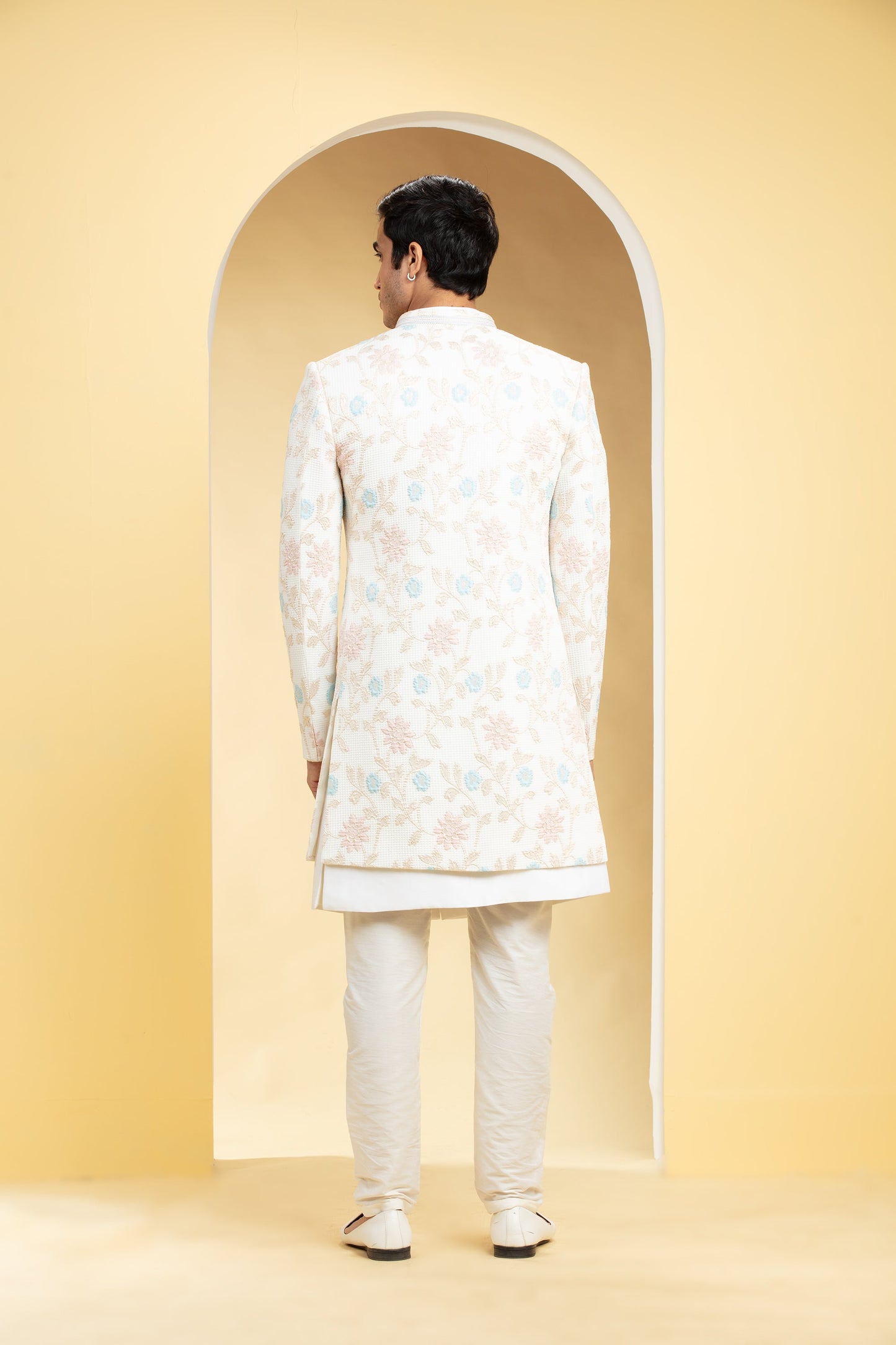 Multicoloured Open Indo western printed lucknowi set with embellishments