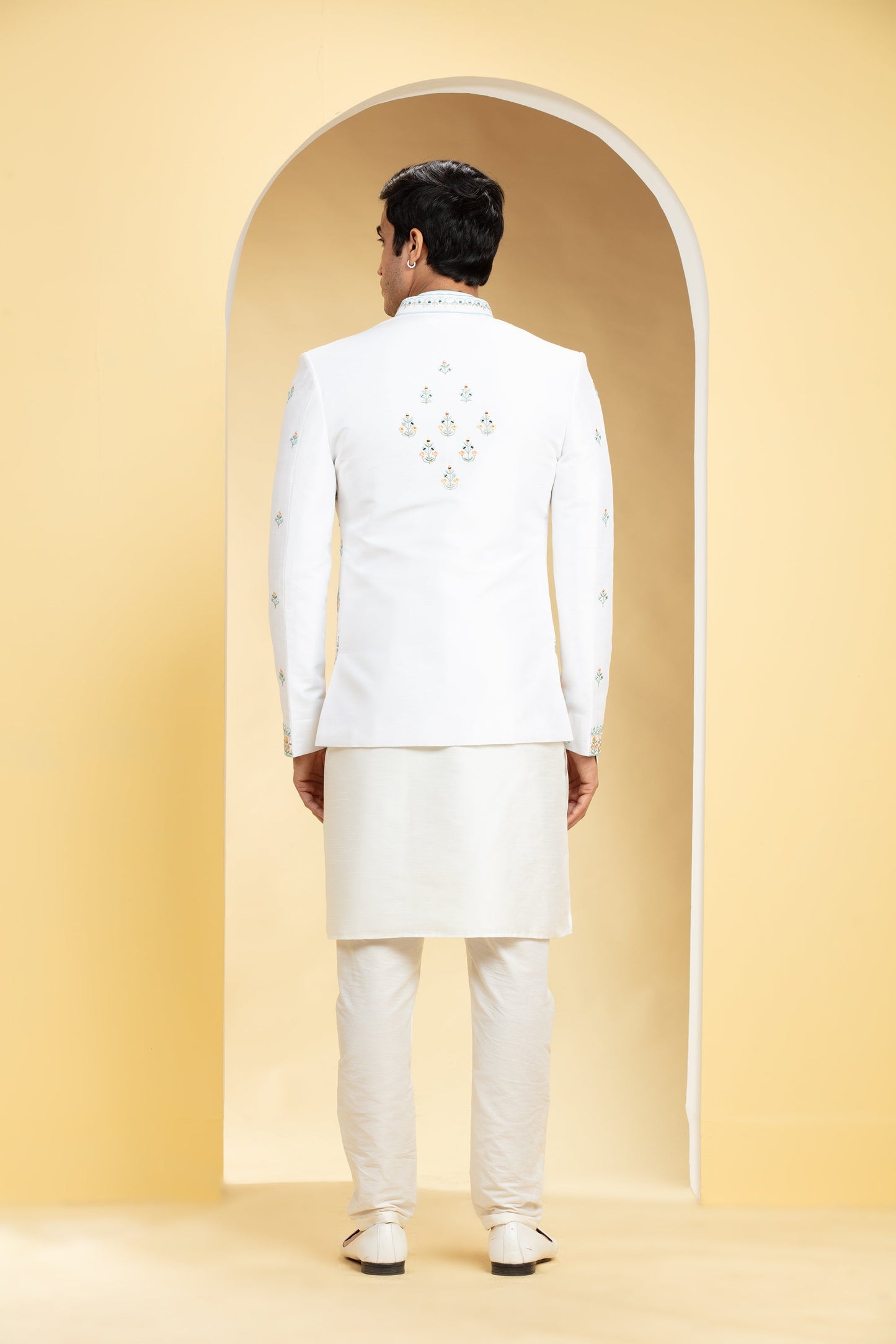 Porcelain White Open Jodhpuri Set with mirror and resham work