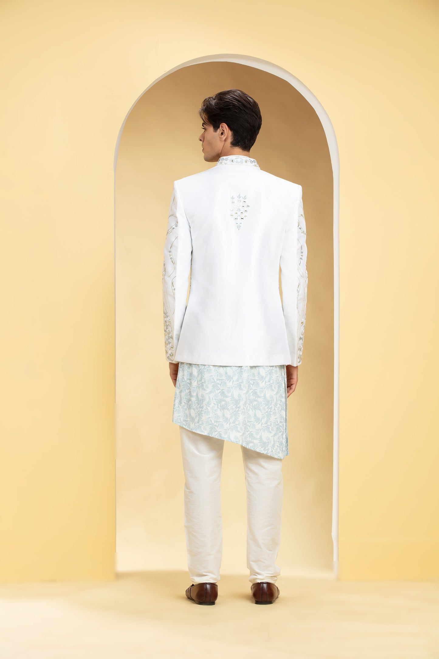 Snow White and Ice Blue Open Jodhpuri set with mirror and resham work