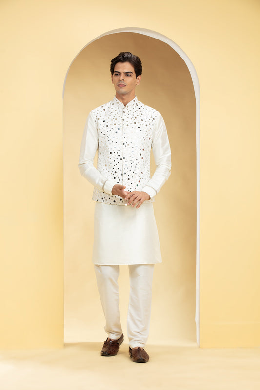 Pearl White kurta Jacket Set with mirror placement