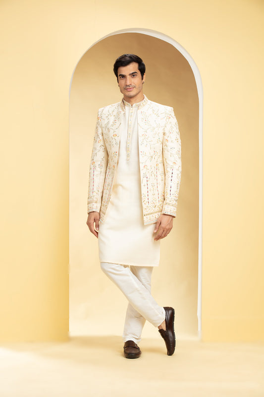 Powder White Lucknowi Open Jodhpuri Set with mirror work
