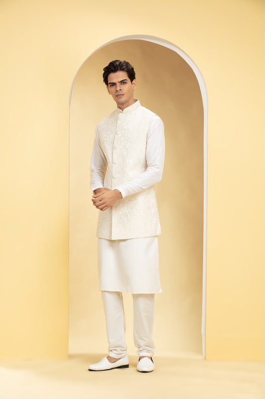 Eggshell White Lucknowi jacket set with self handwork