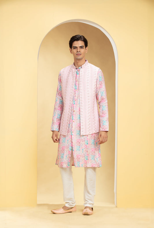 Blush Pink Floral Lucknowi Open Jodhpuri Set with cutdana work