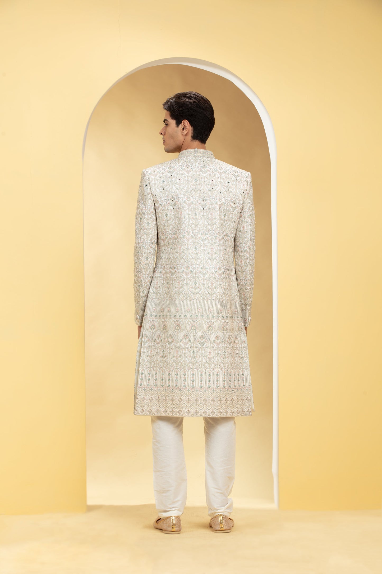 Seashell White Indo Western Sherwani Set with thread work embellishments
