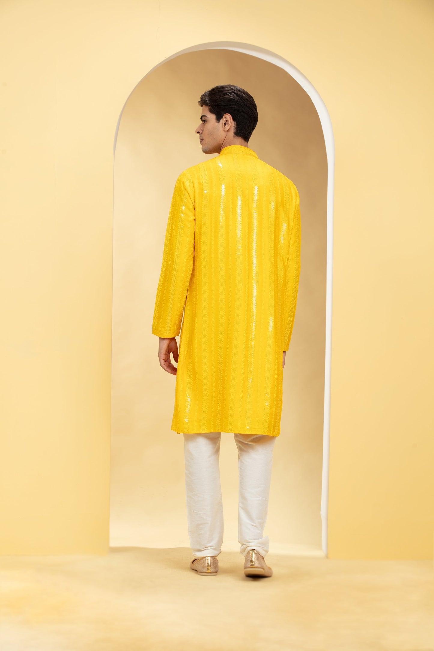 Sun glow Yellow Lucknowi kurta pajama set with mirror work