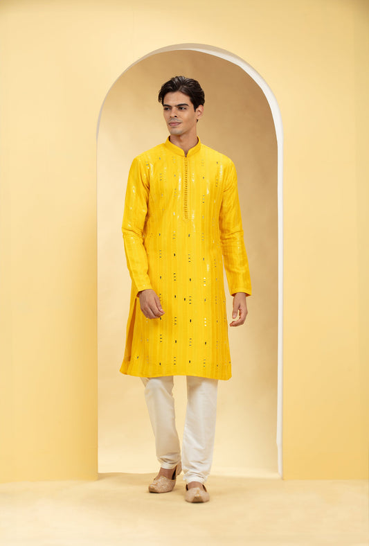 Sun glow Yellow Lucknowi kurta pajama set with mirror work