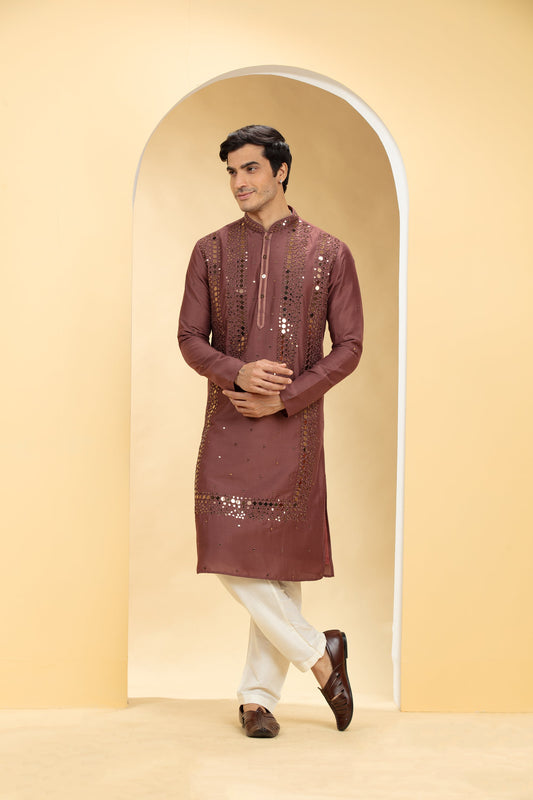 Brick Red Lucknowi kurta pajama set with mirror work