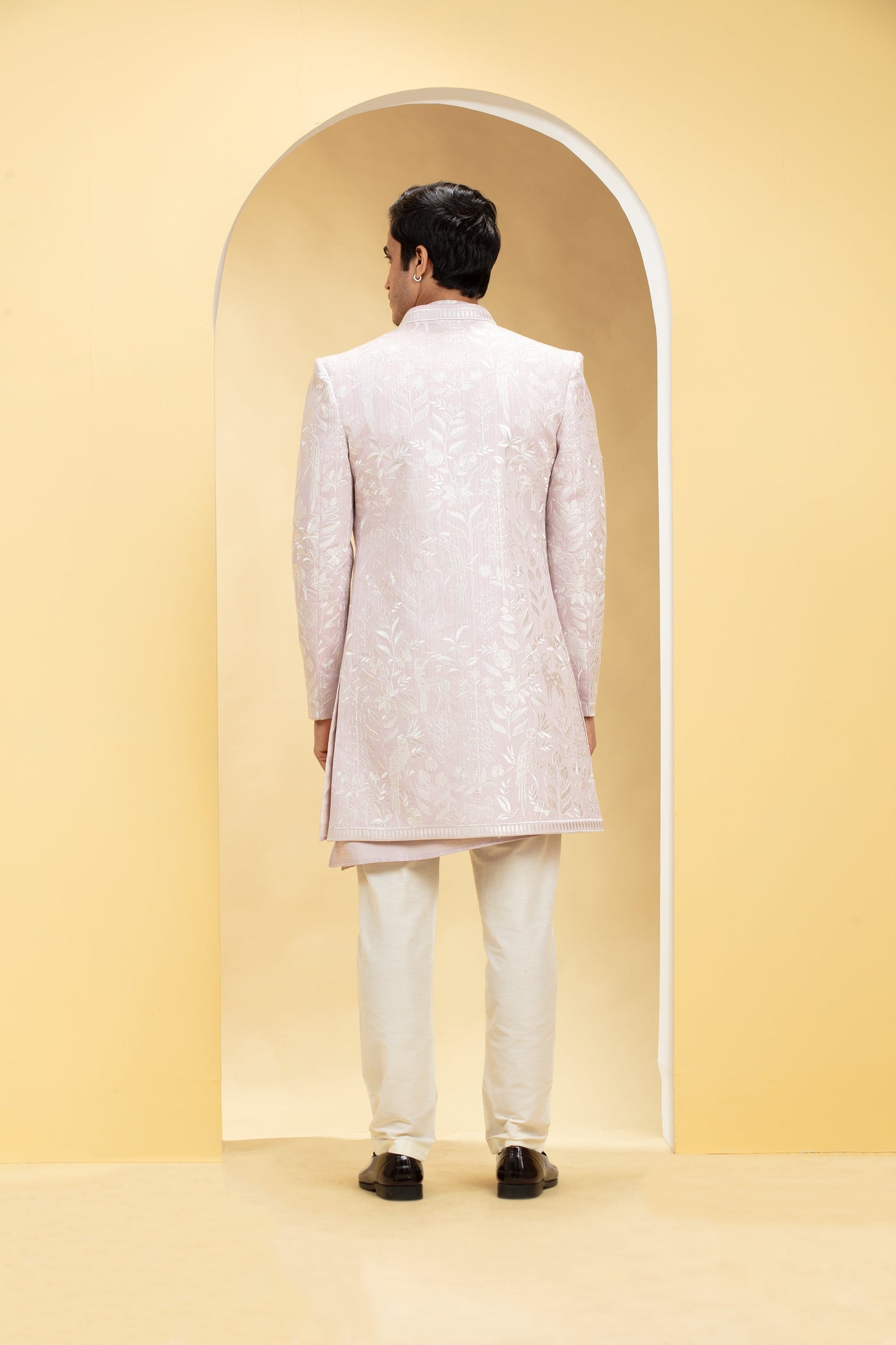 Light Mauve Indo Western Jacket Set with all over Resham work