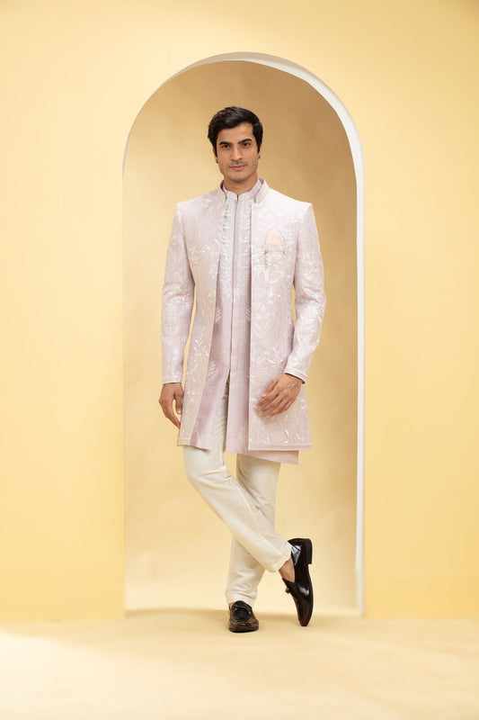 Light Mauve Indo Western Jacket Set with all over Resham work
